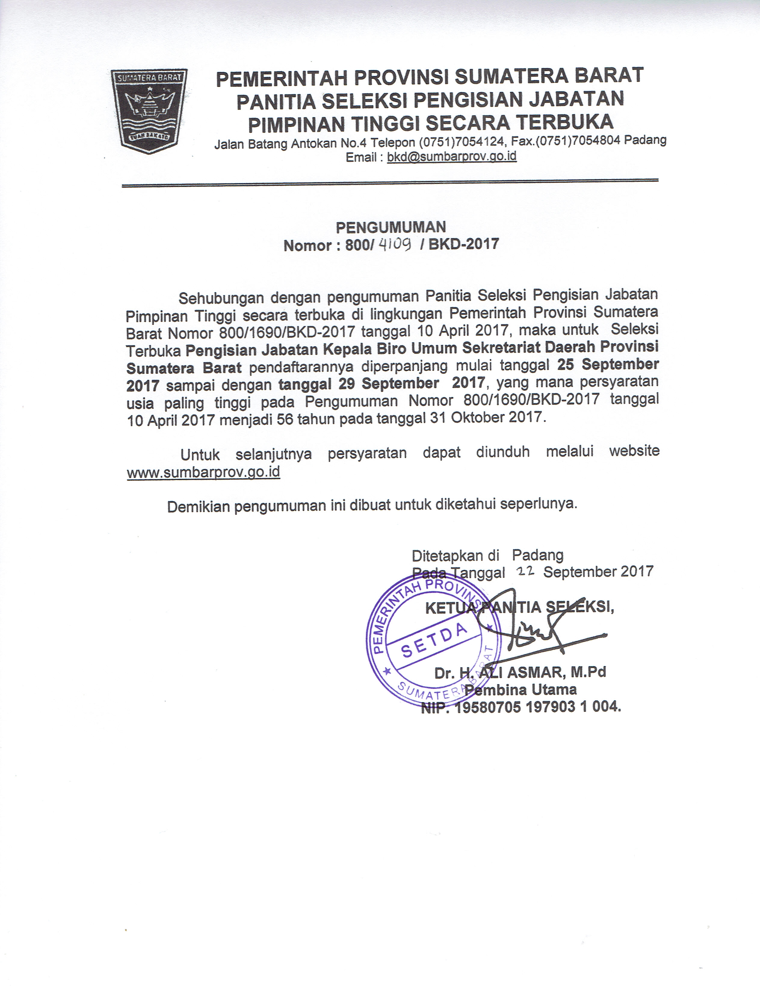 Pengumuman Perpanjangan Pendaftaran Seleksi Terbuka Pengisian Jabatan Kepala Biro Umum Sekretariat Daerah Prov. Sumatera Barat