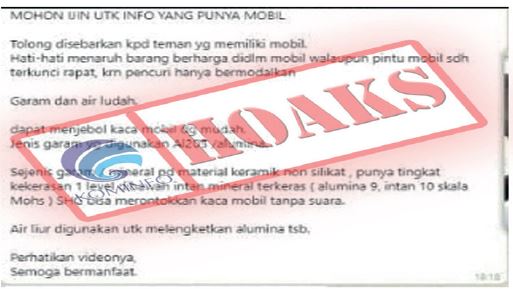 [Hoax] Pencurian Mobil Memakai Media Garam Dan Ludah