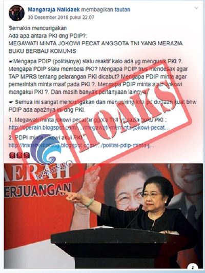 [Hoax] Megawati desak Jokowi pecat anggota TNI yang yang razia buku berbau PKI