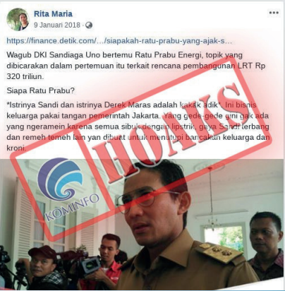 [Hoax] &quot;Istrinya Sandi dan istrinya Derek Maras Adalah Kakak Adik&quot;