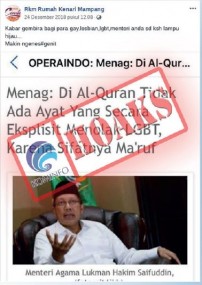 [Hoax] Menteri Kemenag Sudah kasih lampu hijau pada LGBT