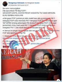 [Hoax] Megawati desak Jokowi pecat anggota TNI yang yang razia buku berbau PKI