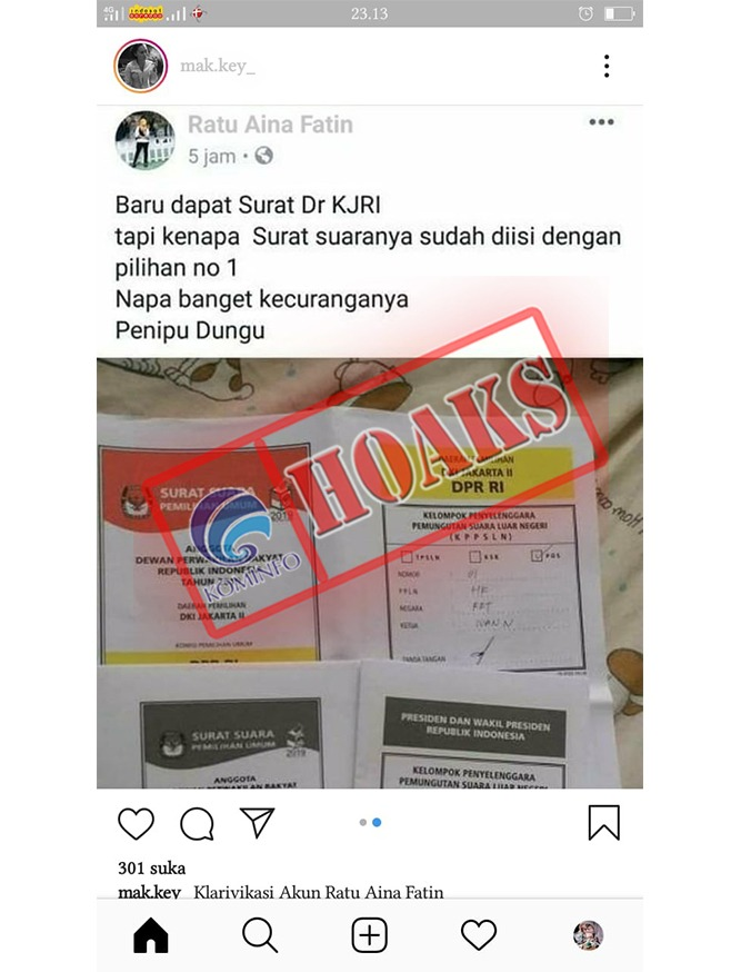 Surat Suara Ratu Aina Fatin dari KJRI sudah di isi dengan pilihan no 1 [Hoax]