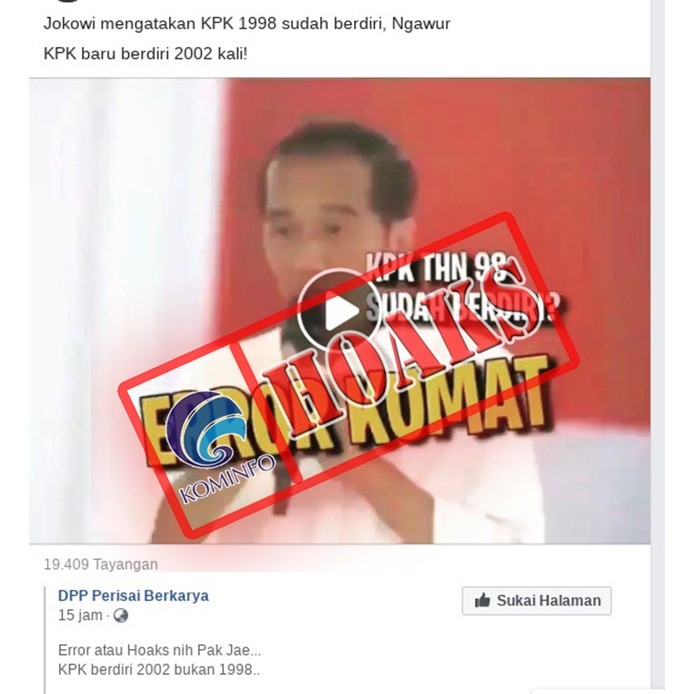 Jokowi mengatakan KPK 1998 sudah berdiri [Hoax]
