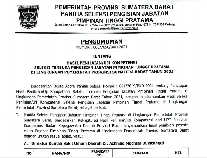 PENGUMUMAN HASIL PENILAIAN/UJI KOMPETENSI SELEKSI TERBUKA PENGISIAN JABATAN PIMPINAN TINGGI PRATAMA DI LINGKUNGAN PEMERINTAH PROVINSI SUMATERA BARAT TAHUN 2021