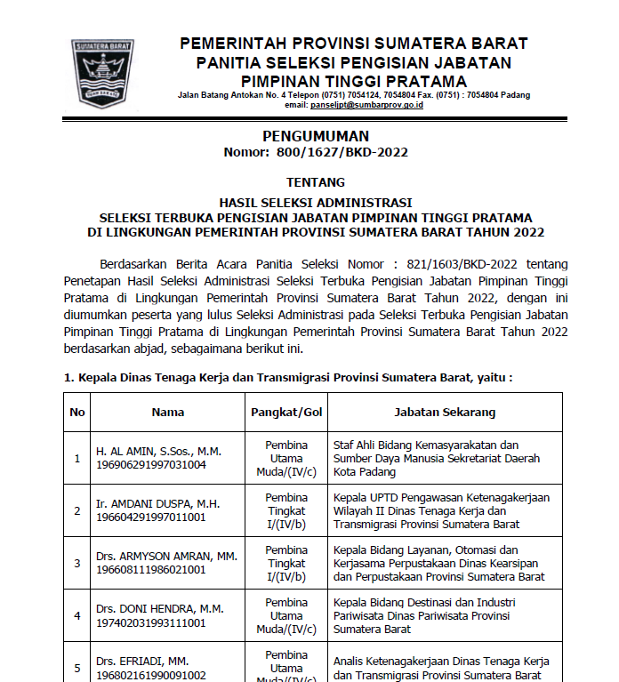 PENGUMUMAN HASIL SELEKSI ADMINISTRASI SELEKSI TERBUKA PENGISIAN JABATAN PIMPINAN TINGGI PRATAMA DI LINGKUNGAN PEMERINTAH PROVINSI SUMATERA BARAT TAHUN 2022