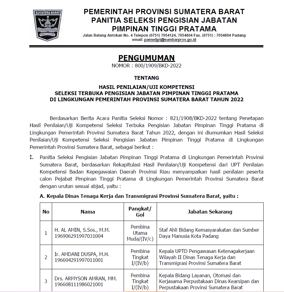 PENGUMUMAN HASIL PENILAIAN/UJI KOMPETENSI SELEKSI TERBUKA PENGISIAN JABATAN PIMPINAN TINGGI PRATAMA DI LINGKUNGAN PEMERINTAH PROVINSI SUMATERA BARAT TAHUN 2022