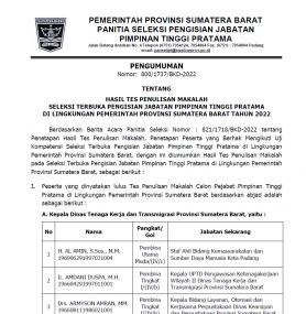 PENGUMUMAN HASIL TES PENULISAN MAKALAH SELEKSI TERBUKA PENGISIAN JABATAN PIMPINAN TINGGI PRATAMA DI LINGKUNGAN PEMERINTAH PROVINSI SUMATERA BARAT TAHUN 2022