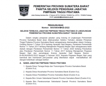 PENGUMUMAN SELEKSI TERBUKA JABATAN PIMPINAN TINGGI PRATAMA DI LINGKUNGAN PEMERINTAH PROVINSI SUMATERA BARAT