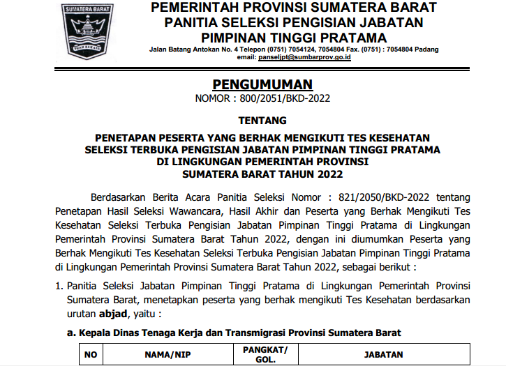 PENGUMUMAN PENETAPAN PESERTA YANG BERHAK MENGIKUTI TES KESEHATAN SELEKSI TERBUKA PENGISIAN JABATAN PIMPINAN TINGGI PRATAMA DI LINGKUNGAN PEMERINTAH PROVINSI SUMATERA BARAT TAHUN 2022