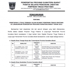 PENGUMUMAN PENETAPAN 3 (TIGA) TERBAIK CALON PEJABAT PIMPINAN TINGGI PRATAMA DI LINGKUNGAN PEMERINTAH PROVINSI SUMATERA BARAT TAHUN 2022