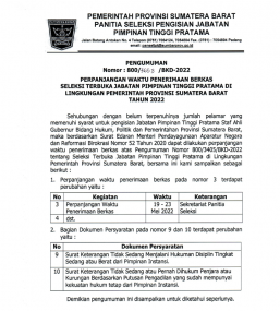 PENGUMUMAN PERPANJANGAN WAKTU PENERIMAAN BERKAS SELEKSI TERBUKA JABATAN PIMPINAN TINGGI PRATAMA DI LINGKUNGAN PEMERINTAH PROVINSI SUMATERA BARAT TAHUN 2022