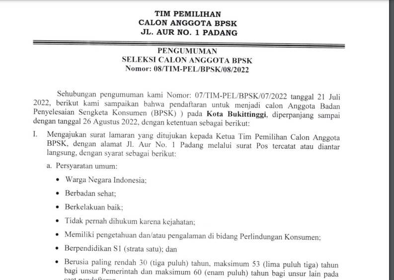 Pengumuman Seleksi Calon Anggota BPSK