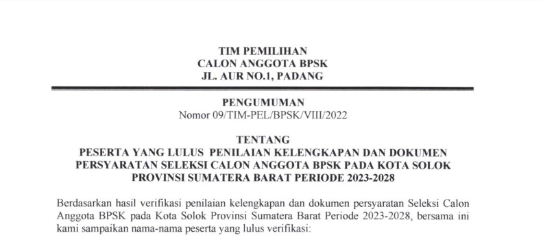 Pengumuman Peserta Yang Lulus Penilaian Kelengkapan Dan Dokumen Persyaratan Seleksi Calon Anggota BPSK Pada Kota Solok Provinsi Sumatera Barat Periode 2023-2028