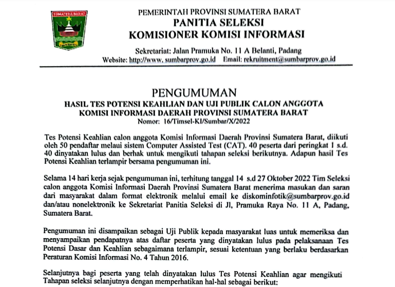 Pengumuman Hasil Tes Potensi Keahlian dan Uji Publik Calon Anggota Komisi Informasi Daerah Provinsi Sumatera Barat