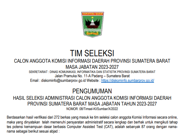 PENGUMUMAN HASIL SELEKSI ADMINISTRASI CALON ANGGOTA KOMISI INFORMASI DAERAH PROVINSI SUMATERA BARAT MASA JABATAN TAHUN 2023-2027