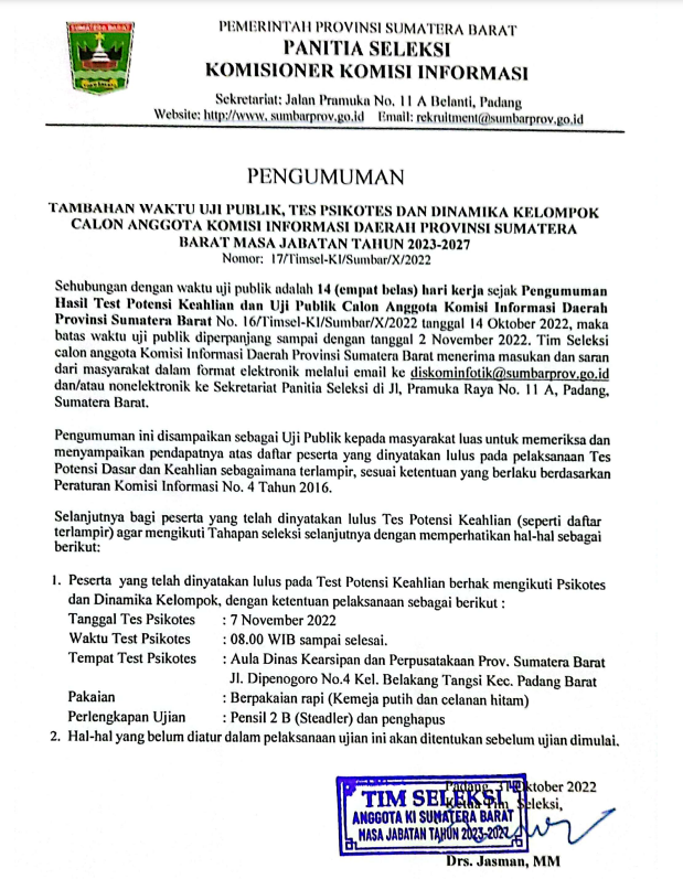 Pengumuman Tambahan Waktu Uji Publik, Tes Psikotes dan Dinamika Kelompok Calon Anggota Komisi Informasi Daerah Provinsi Sumatera Barat Masa Jabatan Tahun 2023-2027