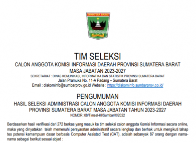 PENGUMUMAN HASIL SELEKSI ADMINISTRASI CALON ANGGOTA KOMISI INFORMASI DAERAH PROVINSI SUMATERA BARAT MASA JABATAN TAHUN 2023-2027