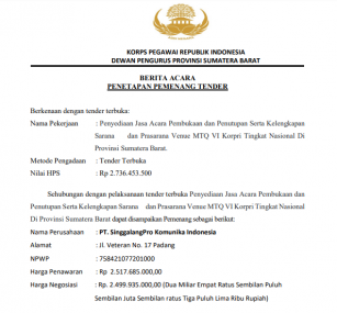 Pengumuman Berita Acara Penetapan Pemenang Tender MTQ VI Korpri Tingkat Nasional di Provinsi Sumatera Barat
