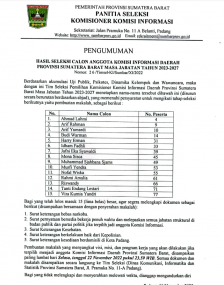 Pengumuman Hasil Seleksi Calon Anggota Komisi Informasi Daerah Provinsi Sumatera Barat Masa Jabatan Tahun 2023-2027
