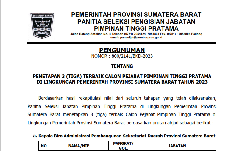 PENETAPAN 3 (TIGA) TERBAIK CALON PEJABAT PIMPINAN TINGGI PRATAMA  DI LINGKUNGAN PEMERINTAH PROVINSI SUMATERA BARAT TAHUN 2023