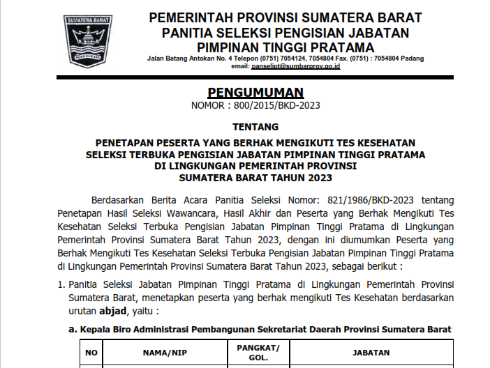 PENGUMUMAN PENETAPAN PESERTA YANG BERHAK MENGIKUTI TES KESEHATAN, PENGUMUMAN PENETAPAN PENILAIAN REKAM JEJAK DAN PENGUMUMAN PENETAPAN PENILAIAN WAWANCARA SELEKSI TERBUKA PENGISIAN JABATAN PIMPINAN TINGGI PRATAMA DI LINGKUNGAN PEMERINTAH PROVINSI SUMATERA BARAT TAHUN 2023 