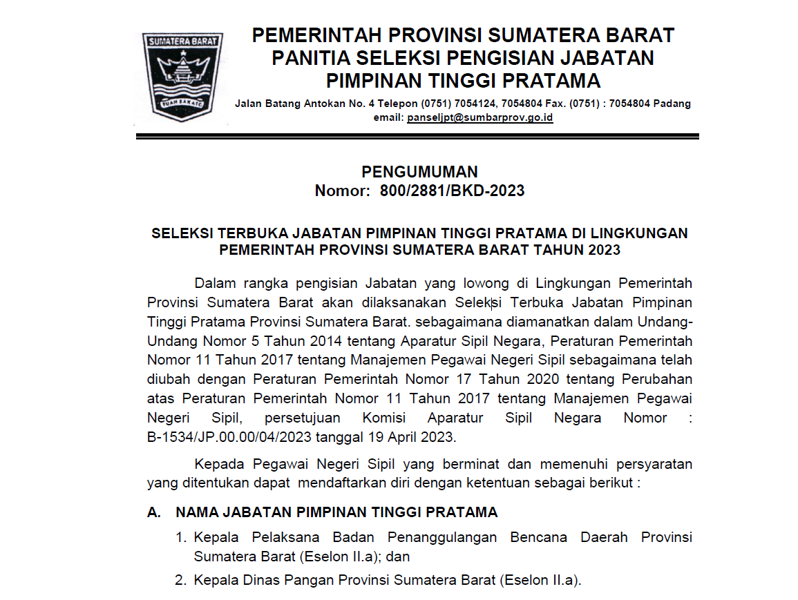 PENGUMUMAN SELEKSI TERBUKA JABATAN PIMPINAN TINGGI PRATAMA DI LINGKUNGAN PEMERINTAH PROVINSI SUMATERA BARAT TAHUN 2023