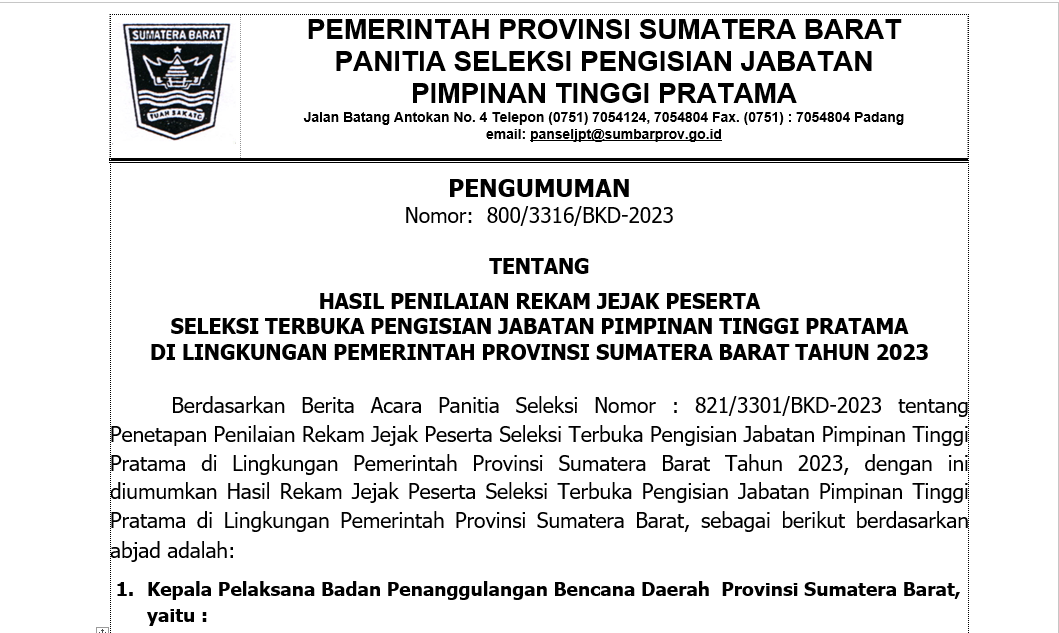 HASIL PENILAIAN REKAM JEJAK PESERTA SELEKSI TERBUKA PENGISIAN JABATAN PIMPINAN TINGGI PRATAMA DI LINGKUNGAN PEMERINTAH PROVINSI SUMATERA BARAT TAHUN 2023