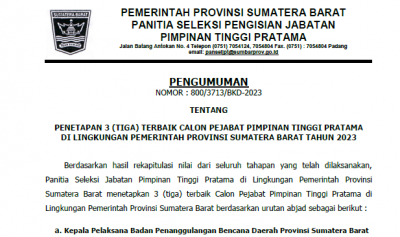 PENGUMUMAN PENETAPAN 3 (TIGA) TERBAIK CALON PEJABAT PIMPINAN TINGGI PRATAMA DI LINGKUNGAN PEMERINTAH PROVINSI SUMATERA BARAT TAHUN 2023