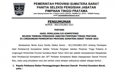 PENGUMUMAN HASIL PENILAIAN/UJI KOMPETENSI SELEKSI TERBUKA PENGISIAN JABATAN PIMPINAN TINGGI PRATAMA DI LINGKUNGAN PEMERINTAH PROVINSI SUMATERA BARAT TAHUN 2023