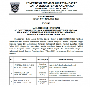 PENGUMUMAN HASIL SELEKSI ADMINISTRASI SELEKSI TERBUKA PENGISIAN JABATAN PIMPINAN TINGGI PRATAMA KEPALA BIRO ADMINISTRASI PIMPINAN SEKRETARIAT DAERAH PROVINSI SUMATERA BARAT TAHUN 2023