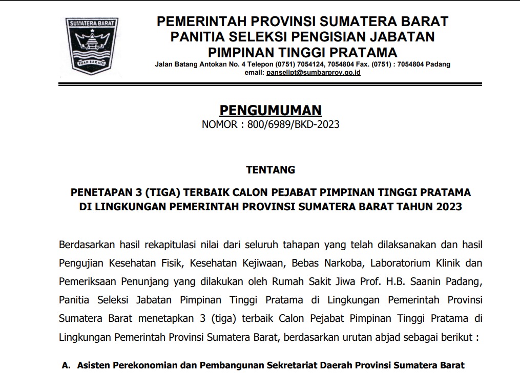 PENGUMUMAN PENETAPAN 3 (TIGA) TERBAIK CALON PEJABAT PIMPINAN TINGGI PRATAMA DI LINGKUNGAN PEMERINTAH PROVINSI SUMATERA BARAT TAHUN 2023