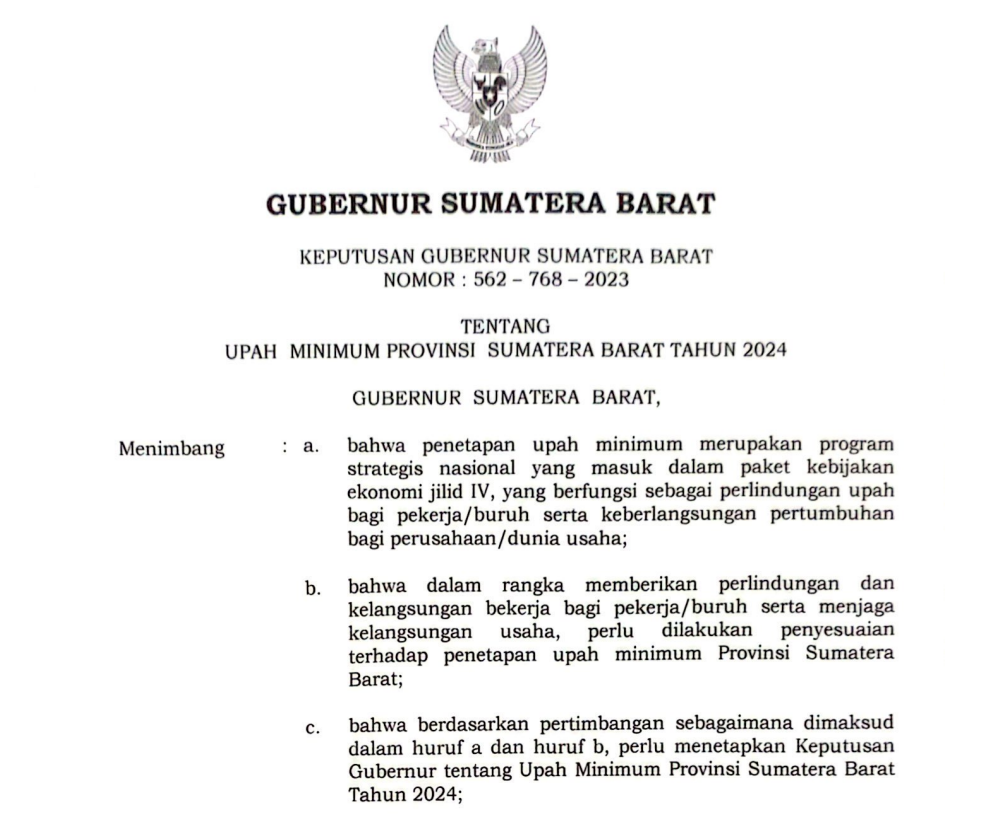 Keputusan Gubernur Sumatera Barat Nomor: 562-762-2023 Tentang Upah Minimum Provinsi sumatera Barat Tahun 2024