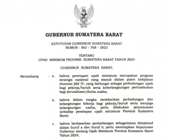 Keputusan Gubernur Sumatera Barat Nomor: 562-762-2023 Tentang Upah Minimum Provinsi sumatera Barat Tahun 2024