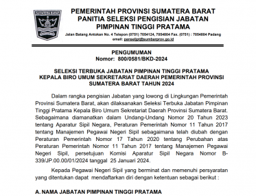 PENGUMUMAN SELEKSI TERBUKA JABATAN PIMPINAN TINGGI PRATAMA  KEPALA BIRO UMUM SEKRETARIAT DAERAH PEMERINTAH PROVINSI  SUMATERA BARAT TAHUN 2024