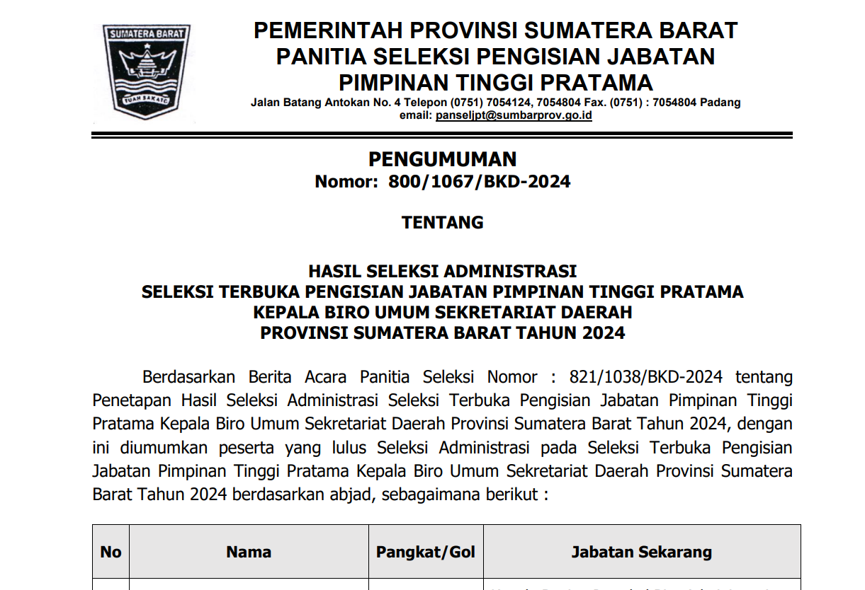 PENGUMUMAN HASIL SELEKSI ADMINISTRASI SELEKSI TERBUKA PENGISIAN JABATAN PIMPINAN TINGGI PRATAMA KEPALA BIRO UMUM SEKRETARIAT DAERAH PROVINSI SUMATERA BARAT TAHUN 2024