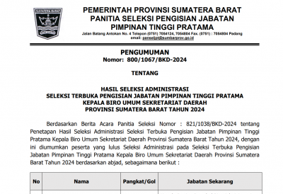 PENGUMUMAN HASIL SELEKSI ADMINISTRASI SELEKSI TERBUKA PENGISIAN JABATAN PIMPINAN TINGGI PRATAMA KEPALA BIRO UMUM SEKRETARIAT DAERAH PROVINSI SUMATERA BARAT TAHUN 2024