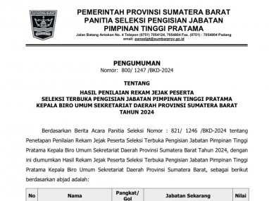 PENGUMUMAN HASIL PENILAIAN REKAM JEJAK PESERTA SELEKSI TERBUKA PENGISIAN JABATAN PIMPINAN TINGGI PRATAMA KEPALA BIRO UMUM SEKRETARIAT DAERAH PROVINSI SUMATERA BARAT TAHUN 2024